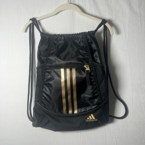 Adidas Alliance II Sackpack Backpack Black with Gold Metallic Stripes and Logo - Picture 1 of 6